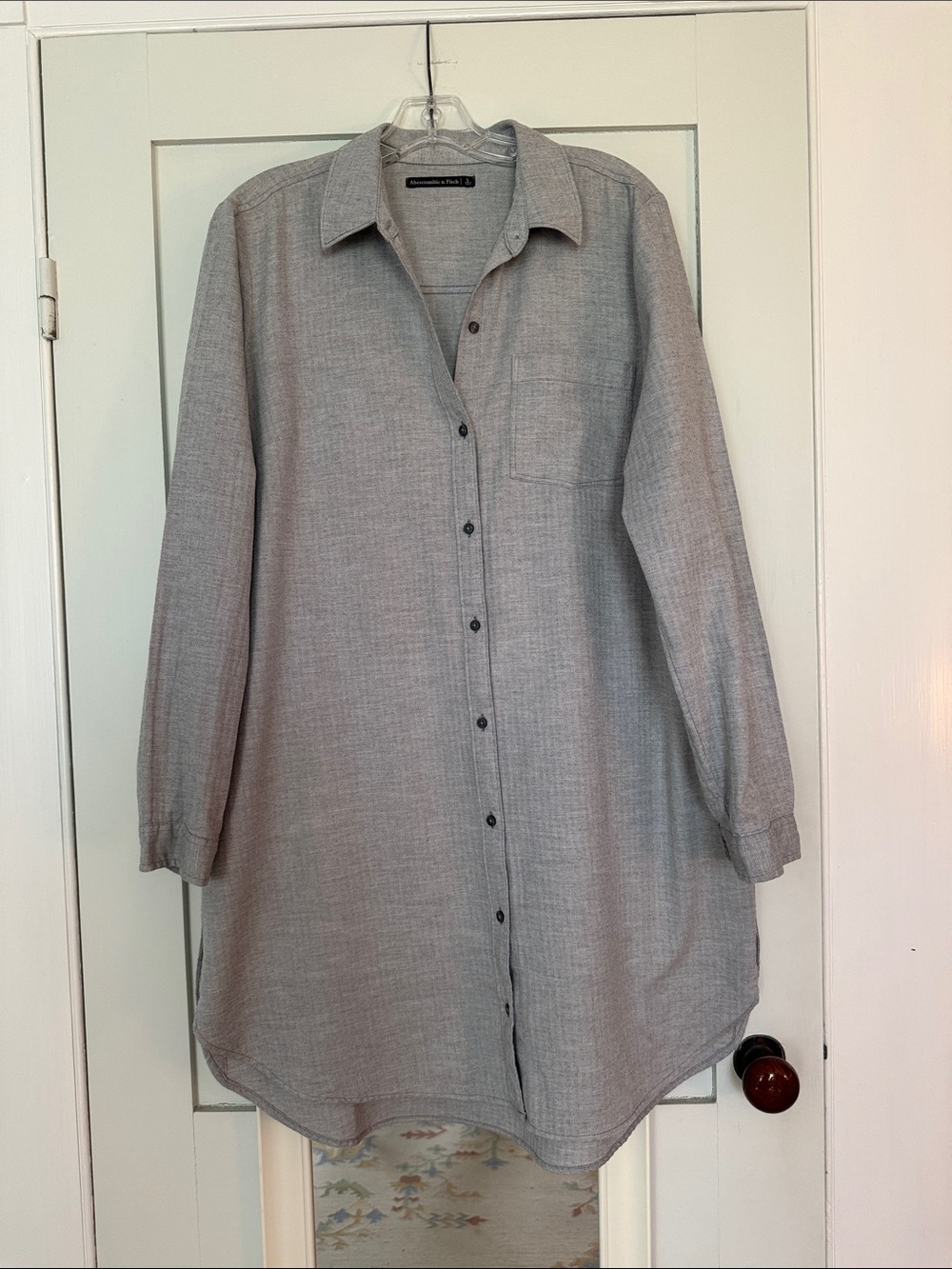 Women’s button down shirt dress in light Gray with a Herringbone weave.